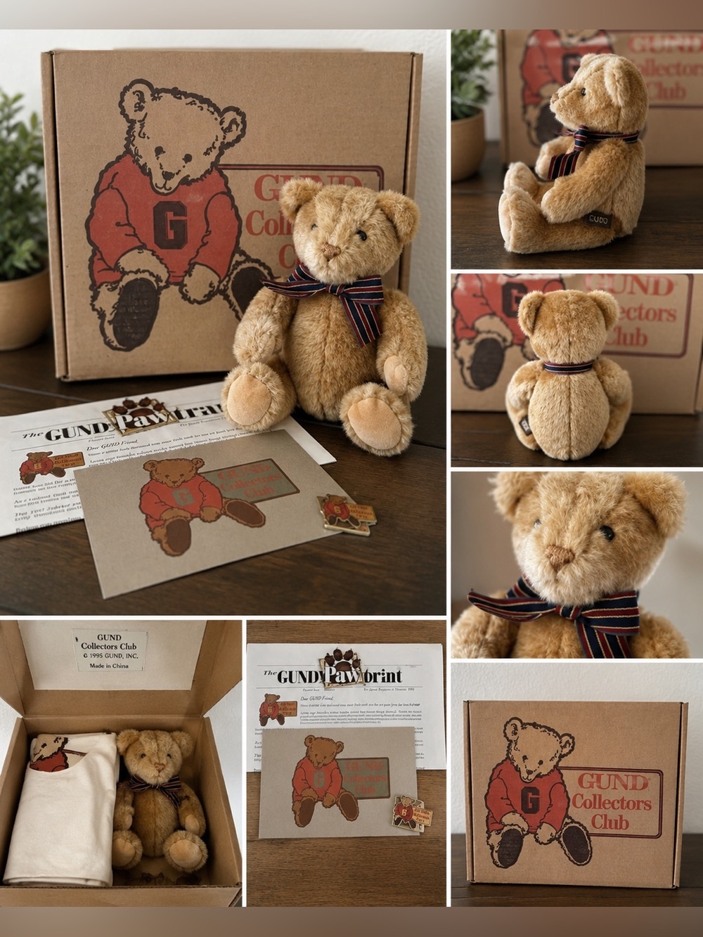 Vintage 1995 GUND Collectors Club Teddy Bear NIB Poseable w/ Box & Shirt
